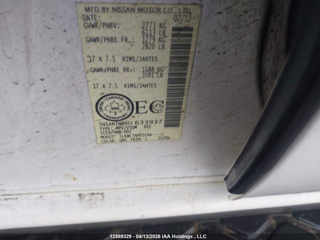 Aukcja sprzedaży 2012 Nissan Pathfinder Le/s/sv, vin: 5N1AR1NBXCC633937, numer aukcji: 12589329
