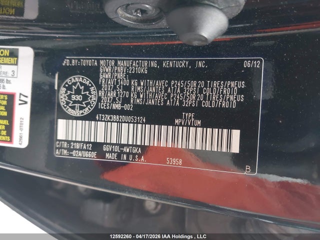 2013 Toyota Venza Base V6 მანქანა იყიდება აუქციონზე, vin: 4T3ZK3BB2DU053124, აუქციონის ნომერი: 12592260