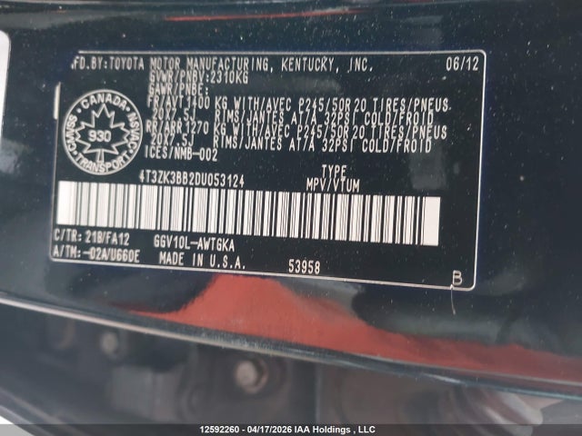 2013 Toyota Venza Base V6 მანქანა იყიდება აუქციონზე, vin: 4T3ZK3BB2DU053124, აუქციონის ნომერი: 12592260