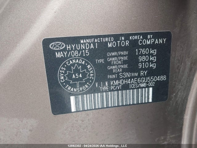 2016 Hyundai Elantra Sport Appearance მანქანა იყიდება აუქციონზე, vin: KMHDH4AE6GU550488, აუქციონის ნომერი: 12592302