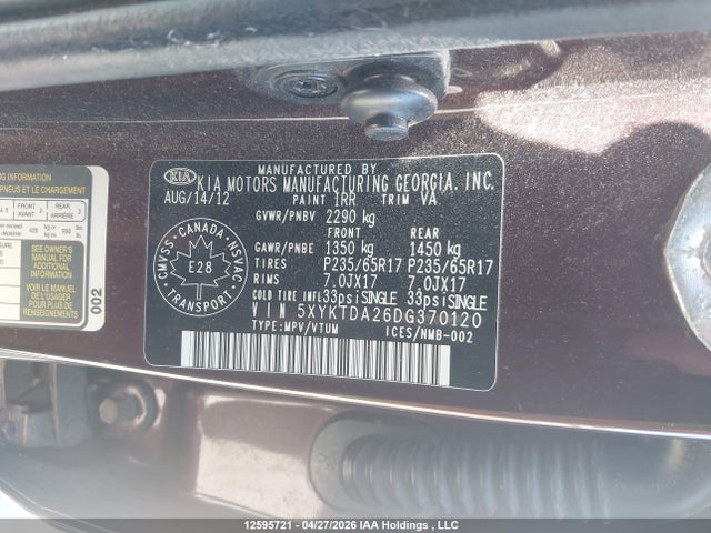 Aukcja sprzedaży 2013 Kia Sorento Lx V6, vin: 5XYKTDA26DG370120, numer aukcji: 12595721