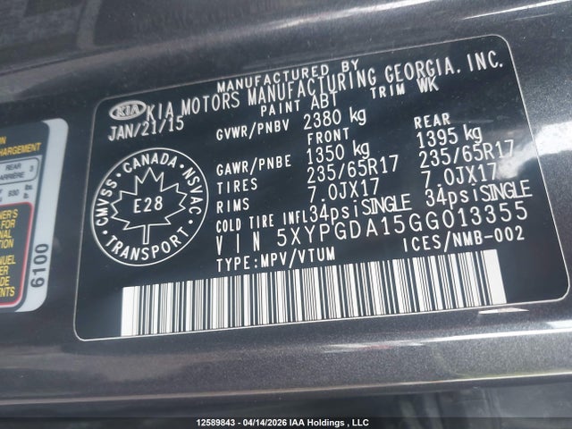 5XYPGDA15GG013355 KIA Sorento 2.0l Ex/2.0l Lx+