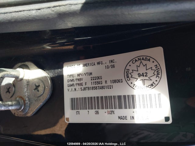 Продажа на аукционе авто 2007 Acura Rdx, vin: 5J8TB18587A801021, номер лота: 12594989