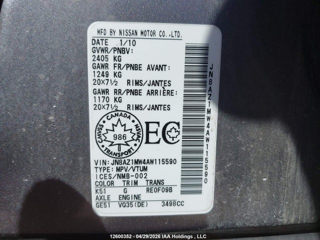 Продажа на аукционе авто 2010 Nissan Murano Le, vin: JN8AZ1MW4AW115590, номер лота: 12600352