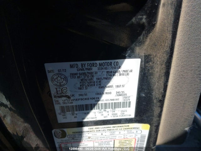 12598490 :رقم المزاد ، 1FTFW1EF5CKE10619 vin ، 2012 Ford F-150 Xlt مزاد بيع