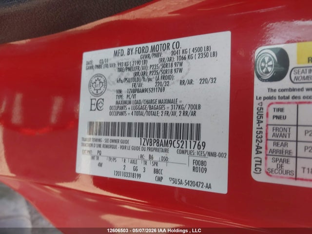 2012 Ford Mustang V6 Premium მანქანა იყიდება აუქციონზე, vin: 1ZVBP8AM9C5211769, აუქციონის ნომერი: 12606503