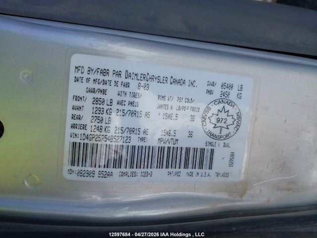 12597684 :رقم المزاد ، 1D4GP25R54B527123 vin ، 2004 Dodge Caravan مزاد بيع