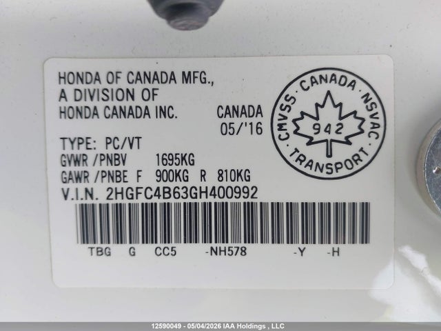 Aukcja sprzedaży 2016 Honda Civic Lx, vin: 2HGFC4B63GH400992, numer aukcji: 12590049