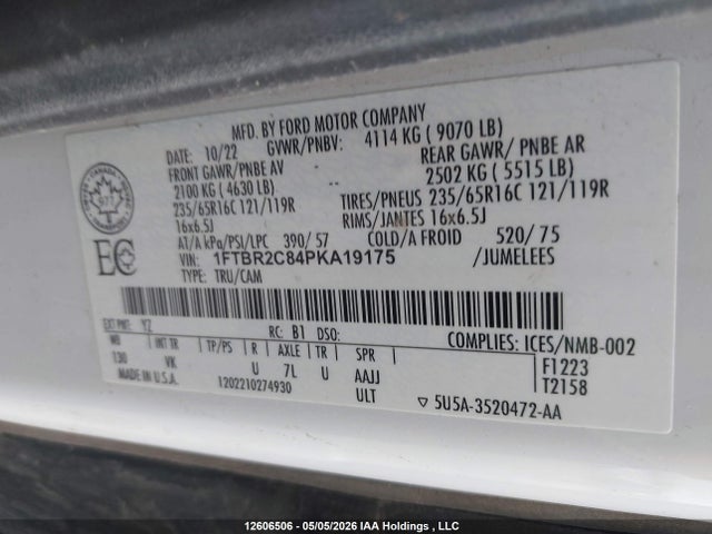 2023 Ford Transit T-250 მანქანა იყიდება აუქციონზე, vin: 1FTBR2C84PKA19175, აუქციონის ნომერი: 12606506