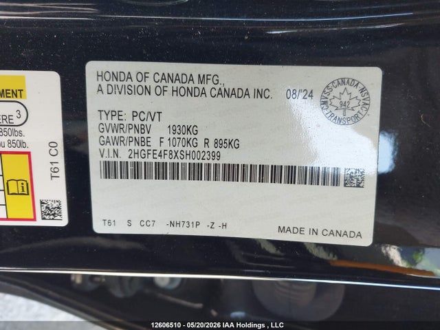 2025 Honda Civic Sport Hybrid/sport Touring Hybrid მანქანა იყიდება აუქციონზე, vin: 2HGFE4F8XSH002399, აუქციონის ნომერი: 12606510