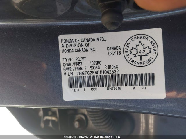 Aukcja sprzedaży 2018 Honda Civic Se, vin: 2HGFC2F60JH042532, numer aukcji: 12600210