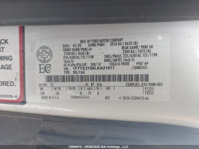 Aukcja sprzedaży 2020 Ford Transit T-150, vin: 1FTYE2Y88LKA21911, numer aukcji: 12606515