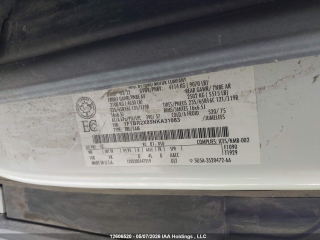 12606520 :رقم المزاد ، 1FTBR2X85NKA31083 vin ، 2022 Ford Transit T-250 مزاد بيع