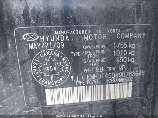 2009 Hyundai Elantra Gl/gl Sport/gls/limited მანქანა იყიდება აუქციონზე, vin: KMHDT45D89U783646, აუქციონის ნომერი: 12606539