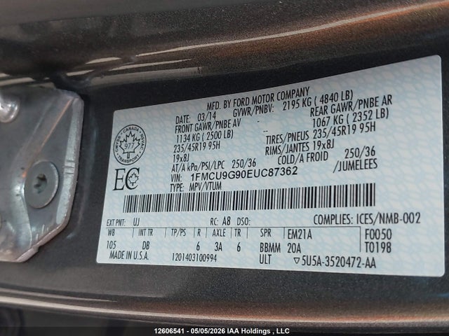 Продажа на аукционе авто 2014 Ford Escape Se, vin: 1FMCU9G90EUC87362, номер лота: 12606541
