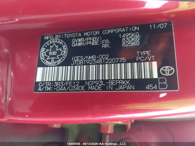 12606555 :رقم المزاد ، JTDBT923481220775 vin ، 2008 Toyota Yaris مزاد بيع