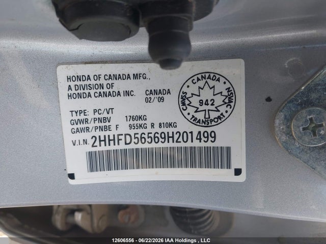 12606556 :رقم المزاد ، 2HHFD56569H201499 vin ، 2009 Acura Csx مزاد بيع