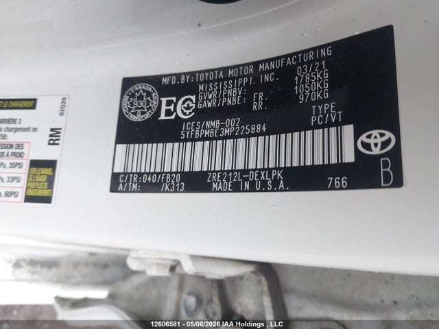 2021 Toyota Corolla Le მანქანა იყიდება აუქციონზე, vin: 5YFBPMBE3MP225884, აუქციონის ნომერი: 12606581