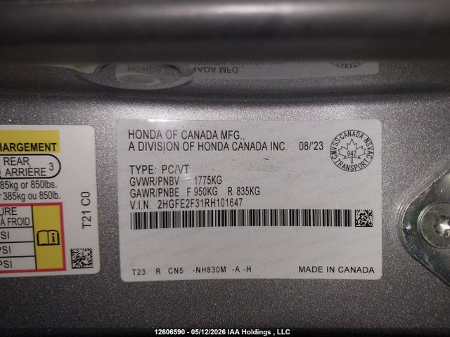 Aukcja sprzedaży 2024 Honda Civic Ex, vin: 2HGFE2F31RH101647, numer aukcji: 12606590
