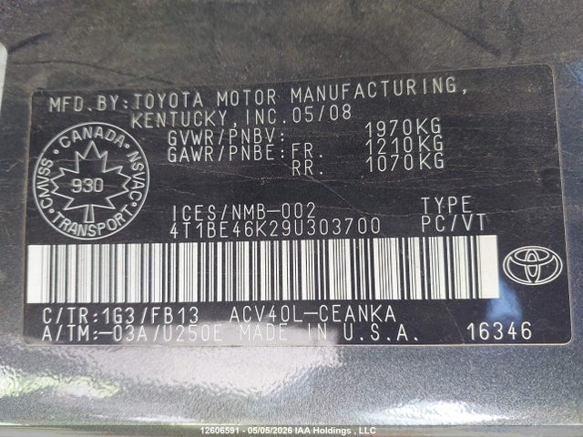 2009 Toyota Camry Se/le/xle მანქანა იყიდება აუქციონზე, vin: 4T1BE46K29U303700, აუქციონის ნომერი: 12606591