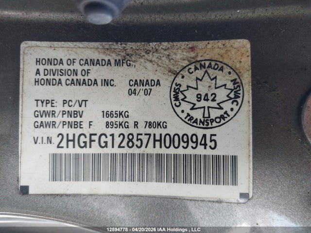 Aukcja sprzedaży 2007 Honda Civic Ex, vin: 2HGFG12857H009945, numer aukcji: 12594778