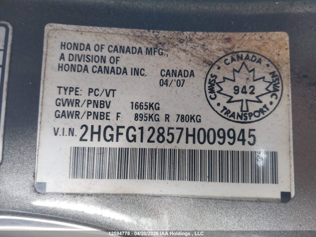Aukcja sprzedaży 2007 Honda Civic Ex, vin: 2HGFG12857H009945, numer aukcji: 12594778