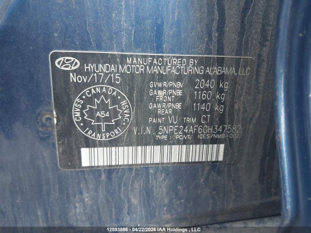 5NPE24AF6GH347582 Hyundai SONATA GL