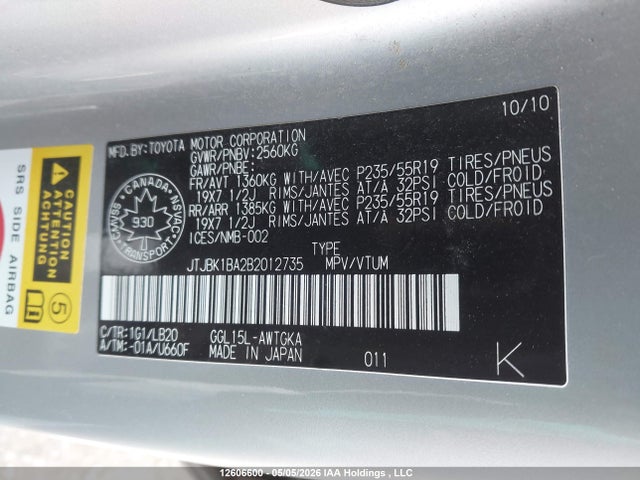 Aukcja sprzedaży 2011 Lexus Rx 350, vin: JTJBK1BA2B2012735, numer aukcji: 12606600