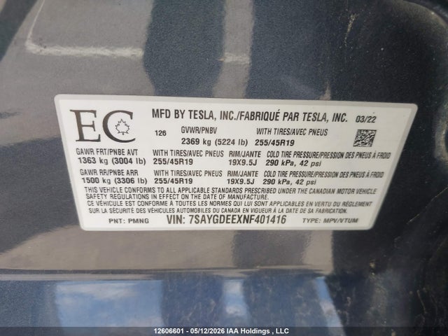7SAYGDEEXNF401416 Tesla Model Y Long Range