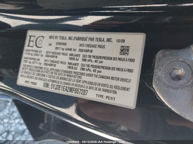 12606605 :رقم المزاد ، 5YJ3E1EA2MF857207 vin ، 2021 Tesla Model 3 مزاد بيع
