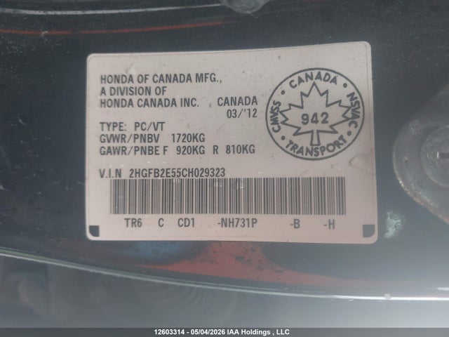 Aukcja sprzedaży 2012 Honda Civic Ex, vin: 2HGFB2E55CH029323, numer aukcji: 12603314