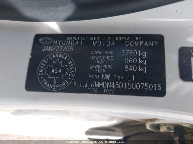 2005 Hyundai Elantra Se მანქანა იყიდება აუქციონზე, vin: KMHDN45D15U075016, აუქციონის ნომერი: 12599427