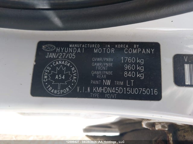 2005 Hyundai Elantra Se მანქანა იყიდება აუქციონზე, vin: KMHDN45D15U075016, აუქციონის ნომერი: 12599427