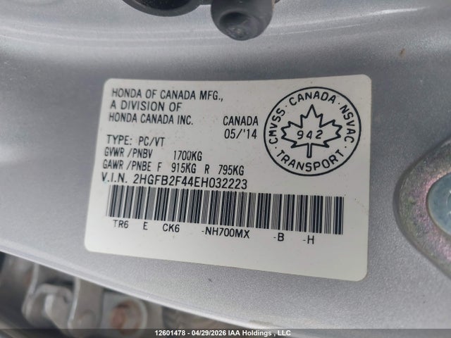 12601478 :رقم المزاد ، 2HGFB2F44EH032223 vin ، 2014 Honda Civic Lx مزاد بيع