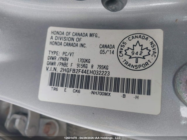 12601478 :رقم المزاد ، 2HGFB2F44EH032223 vin ، 2014 Honda Civic Lx مزاد بيع