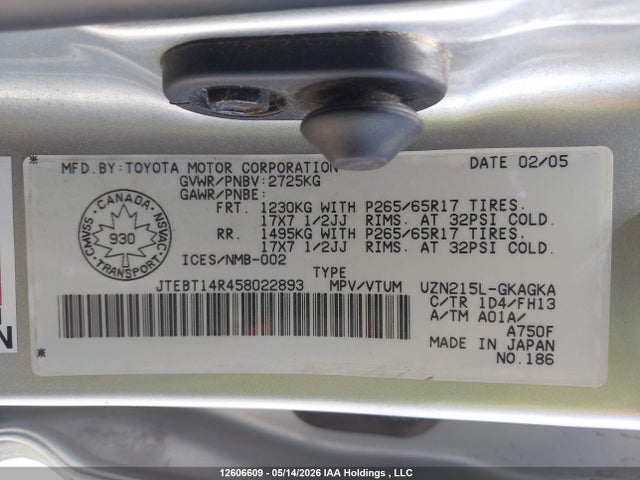 12606609 :رقم المزاد ، JTEBT14R458022893 vin ، 2005 Toyota 4runner Sr5/sport مزاد بيع