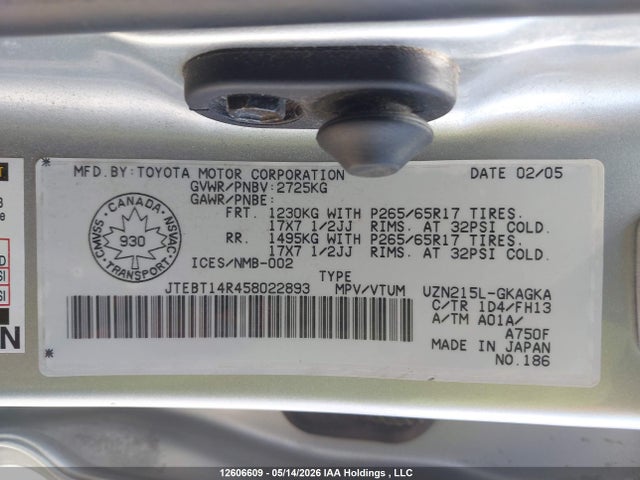 12606609 :رقم المزاد ، JTEBT14R458022893 vin ، 2005 Toyota 4runner Sr5/sport مزاد بيع