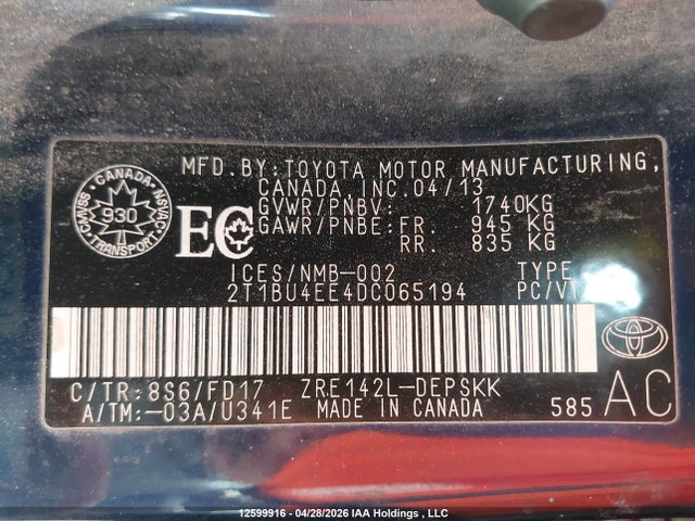 2013 Toyota Corolla S მანქანა იყიდება აუქციონზე, vin: 2T1BU4EE4DC065194, აუქციონის ნომერი: 12599916