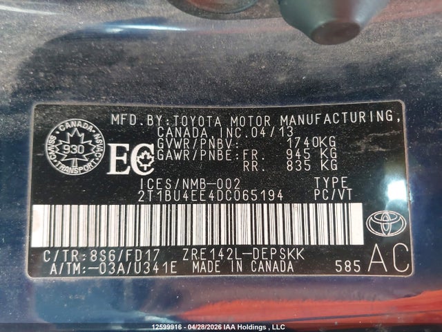 2013 Toyota Corolla S მანქანა იყიდება აუქციონზე, vin: 2T1BU4EE4DC065194, აუქციონის ნომერი: 12599916