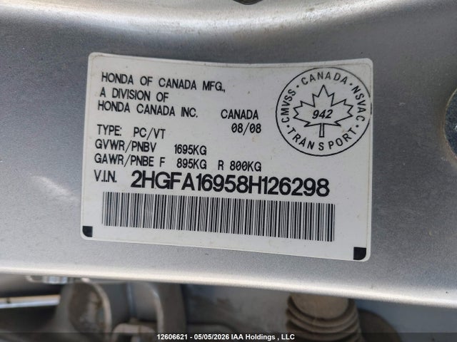 2008 Honda Civic Exl მანქანა იყიდება აუქციონზე, vin: 2HGFA16958H126298, აუქციონის ნომერი: 12606621