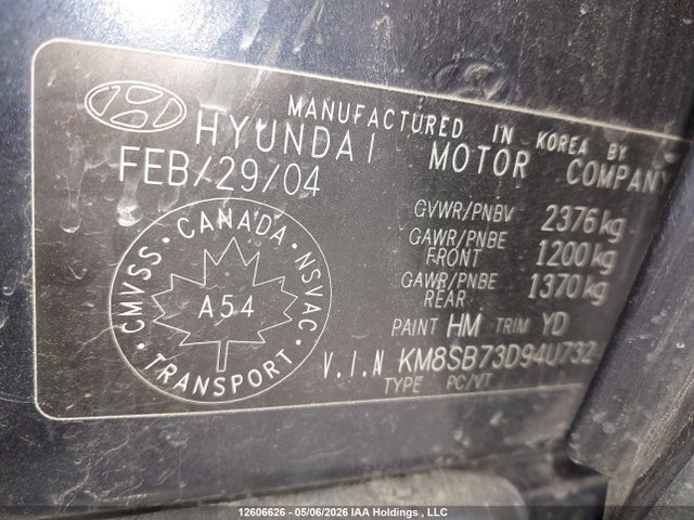 2004 Hyundai Santa Fe მანქანა იყიდება აუქციონზე, vin: KM8SB73D94U732485, აუქციონის ნომერი: 12606626