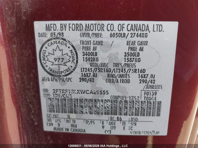 12606631 :رقم المزاد ، 2FTRF18LXWCA89555 vin ، 1998 Ford F150 مزاد بيع