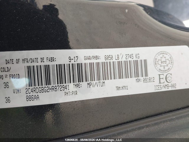 2017 Dodge Grand Caravan Se მანქანა იყიდება აუქციონზე, vin: 2C4RDGBG2HR872941, აუქციონის ნომერი: 12606635
