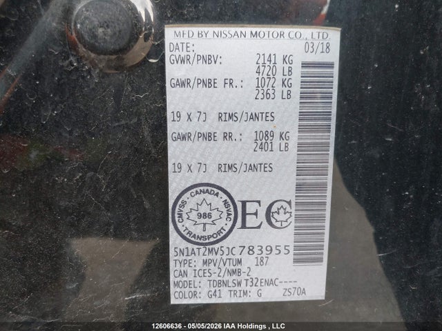 5N1AT2MV5JC783955 Nissan Rogue Sv/sl