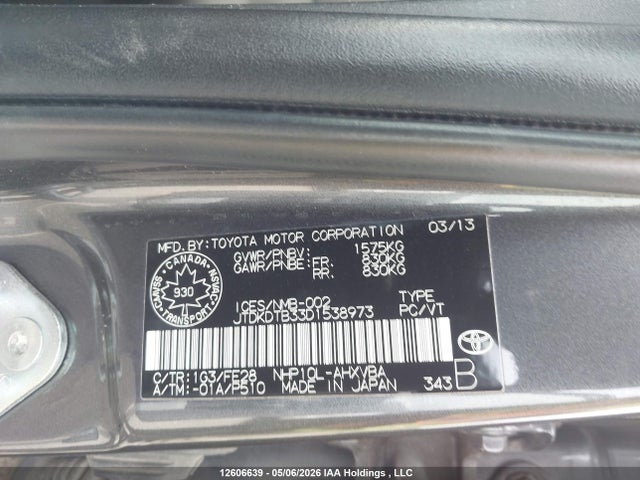 12606639 :رقم المزاد ، JTDKDTB33D1538973 vin ، 2013 Toyota Prius C مزاد بيع