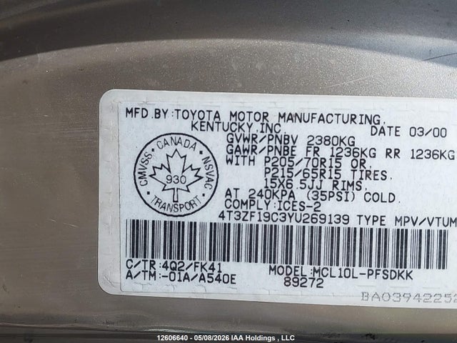 2000 Toyota Sienna Ce მანქანა იყიდება აუქციონზე, vin: 4T3ZF19C3YU269139, აუქციონის ნომერი: 12606640
