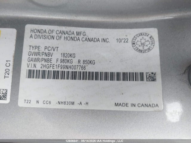Продаж на аукціоні авто 2022 Honda Civic, vin: 2HGFE1F99NH007766, номер лоту: 12606641