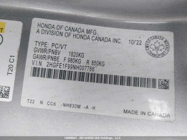 Продаж на аукціоні авто 2022 Honda Civic, vin: 2HGFE1F99NH007766, номер лоту: 12606641