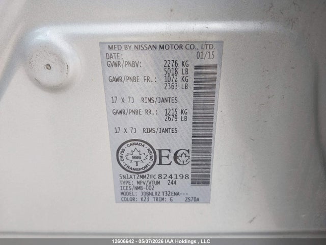Продаж на аукціоні авто 2015 Nissan Rogue S/sl/sv, vin: 5N1AT2MM2FC824198, номер лоту: 12606642