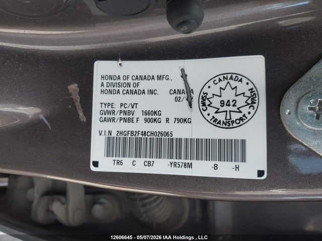 Продажа на аукционе авто 2012 Honda Civic, vin: 2HGFB2F48CH026065, номер лота: 12606645